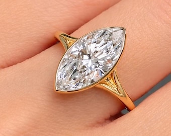 Anillo de compromiso de moissanita marquesa de 4 quilates con engaste en bisel, anillo de compromiso de marquesa con caña dividida, anillo solitario de marquesa en oro macizo de 14 quilates.