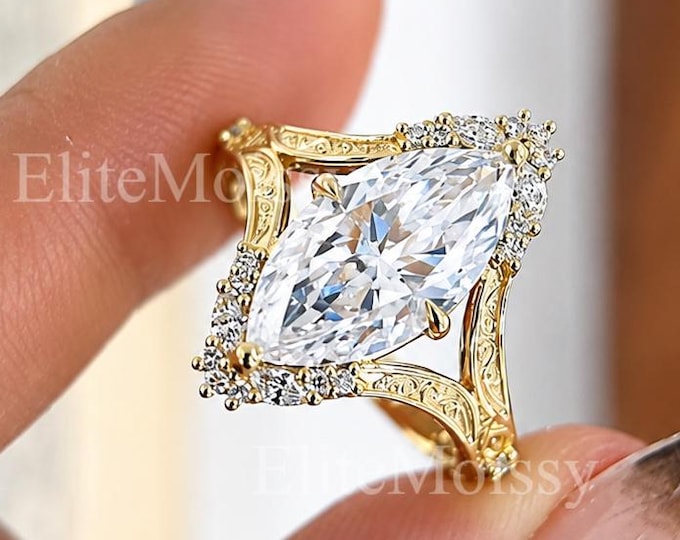 Handcrafted Vintage Engraved Art Deco Band, 3CT Marquise Cut Lab Grown Diamond Engagement Ring,18K Gold  Unique Halo Bridal Proposal Ring