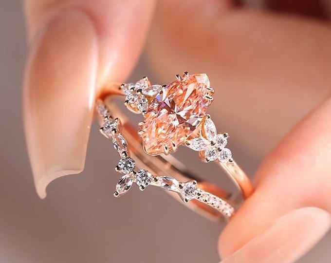 2.5CT Pink Marquise Cut IGI Certified Lab Grown Diamond Engagement Ring Set, Unique Cluster Ring, Double Prong Bridal Set, 18K Gold Ring