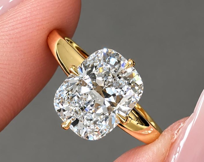 3CT Elongated Cushion Cut Moissanite Ring, Thick Band Engagement Ring, Compass Prong Solitaire Ring, 14K Gold Cushion Cut Ring Proposal Ring