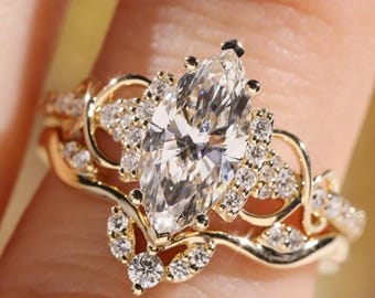 Anillo de compromiso con diamante cultivado en laboratorio de talla marquesa de 2 quilates, engaste floral de oro macizo de 14 quilates, conjunto de anillos nupciales con espirales de oro esculpidas.