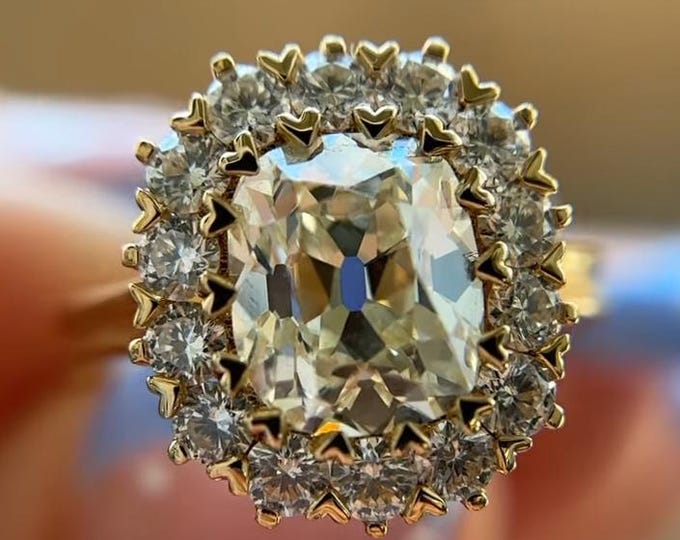 3.5CT Old Mine Cushion Cut Engagement Ring Double Halo Ring Heart Claw Prong Ring Vintage Cluster Halo Statement Ring Bridal Ring for Women