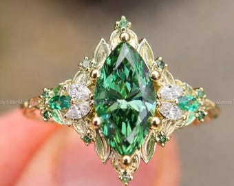 Anillo de compromiso Art Deco verde con moissanita talla marquesa, anillo de boda inspirado en la naturaleza con diamantes talla marquesa, anillo de diseño con diseño de hojas para ella.