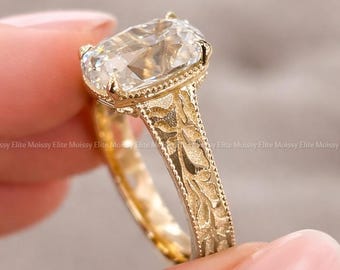 Anillo de compromiso de moissanita talla cojín con filigrana Old Mine, anillo grabado a mano, anillo de boda Art Déco de oro macizo de 14 quilates, anillo de Taylor Swift