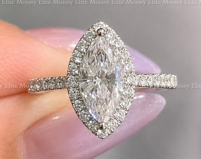 Halo Marquise Cut Lab Grown Diamond Engagement Ring Hidden Halo Solitaire Ring Pavé Setting 14K Solid Gold Wedding Ring