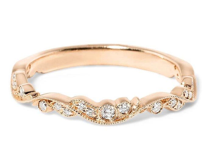 Nature Inspired Curved Wedding Band, Milgrain Diamond Vine Band, Floral Matching Wedding Ring, Art Deco Stackable Anniversary Band