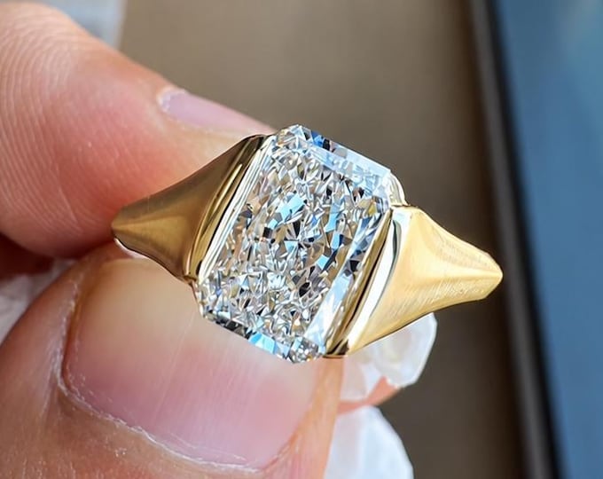 3.5CT Radiant Cut Lab Grown Diamond IGI Certified Ring E Color VVS1 Diamond Ring Half Bezel Satin Finish Gold Signet Engagement Ring