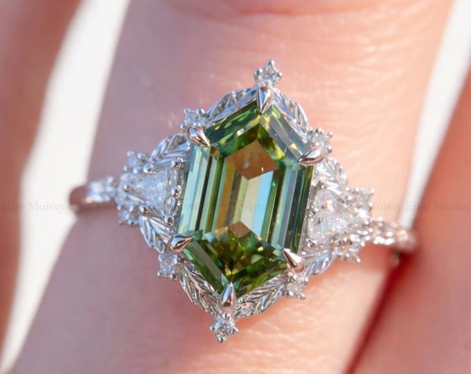 Hexagon Cut Green Moissanite Ring Art Deco Halo Engagement Ring Unique Olive Green Bridal Ring 14k Solid Gold Vintage Inspired Wedding Ring