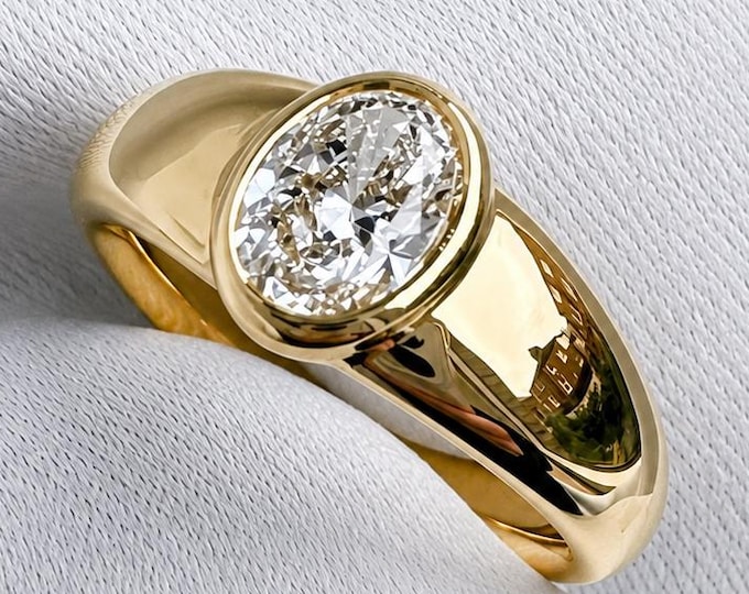 1.30CT Oval Shaped Moissanite Engagement Ring 14K Solid Gold Comfort Fit Band Bezel Setting Ring Thick Tapered Band Ring