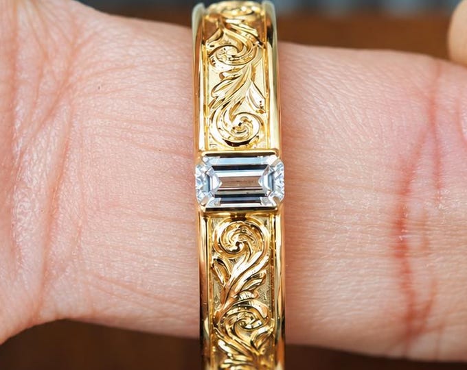 Emerald Cut Lab Grown Diamond Engagement Ring, Floral Engraved Ring, Art Deco Ring, Scrollwork Ring, Wide Band Ring, Vintage Wedding Band