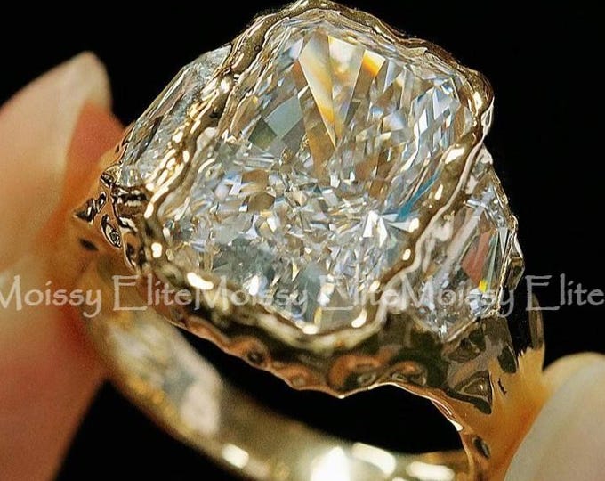 4CT Radiant Cut Lab Grown Diamond Ring Three Stone Engagement Ring Organic Gold Statement Ring Handmade Sculptural Cocktail Ring