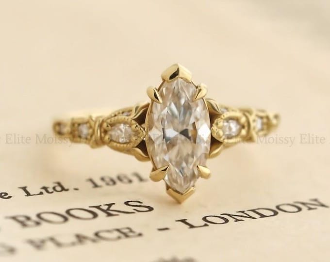 1CT Marquise Cut Moissanite Engagement Ring, Vintage Floral Side Stone Ring, Nature Inspired Gold Promise Ring, Unique Bridal Ring