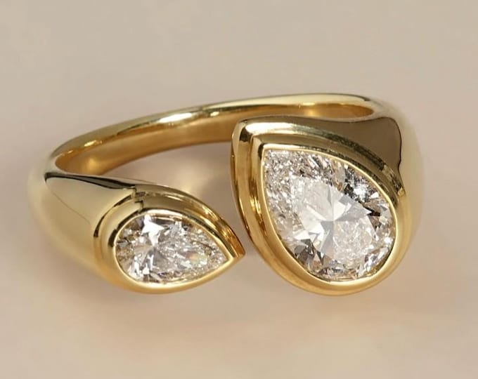 Pear Toi et Moi Lab Grown Diamond Ring 14K Gold Open Wrap Bezel Engagement Ring