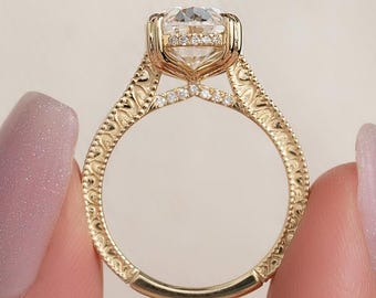 Anillo Art Déco grabado a mano, anillo de compromiso ovalado con diamante cultivado en laboratorio, anillo de boda con halo oculto, anillo de oro macizo de 14 quilates, anillo Art Déco