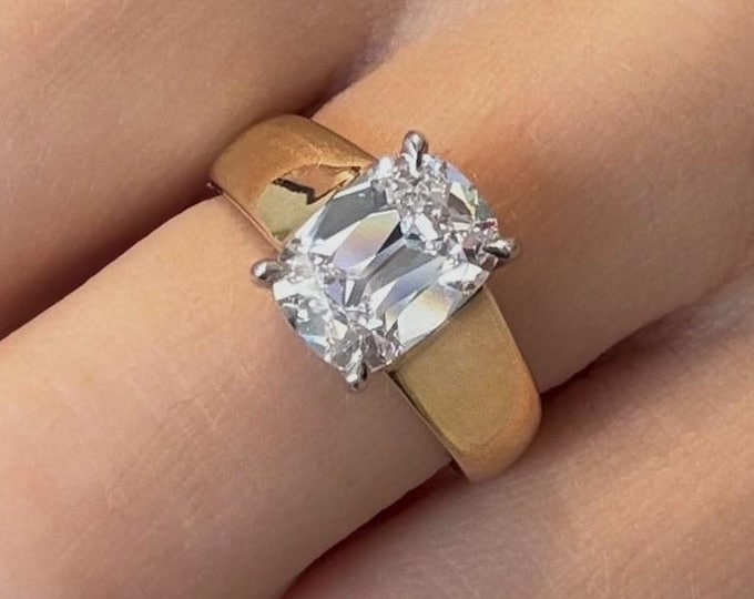 3CT IGI Certified Old Mine Cushion Cut Lab Grown Diamond Engagement Ring Wide Band Solitaire Wedding Ring 14K Gold Antique Diamond Ring