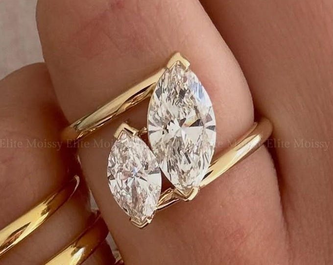 Two Stone Marquise Engagement Ring 14k Solid Yellow Gold Ring Dual Stone Bypass Ring Unique Wedding Ring Open Band Ring