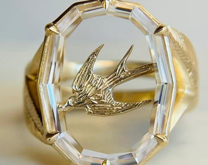 Vintage Octagon Crystal Ring Engraved Swallow Bird Signet Ring Feather Detail Gold Ring Art Deco Statement Ring Unique Gift for Her