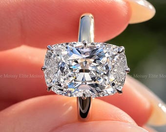 Anillo de compromiso Old Mine de moissanita talla cojín alargada de 6 quilates, anillo solitario de oro de 14 quilates con engaste catedral de 8 puntas, anillo de boda de estilo antiguo.