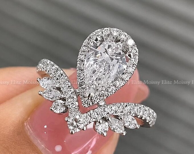 2CT Pear Shaped Lab Grown Diamond Engagement Ring, Hidden Halo Bypass Leaf Ring, Nature Inspired Pave Vine Ring, 14K Solid Gold Promise Ring