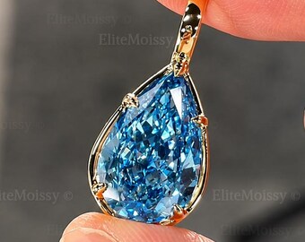 Colgante de diamante azul en forma de pera cultivado en laboratorio, colgante de oro en forma de lágrima, collar de diamantes azules elegantes, colgante de diamante talla pera, regalo para ella.