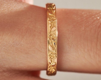 Hand Engraved Floral Flower Gold Band 14K Solid Gold Vintage Rose Pattern Ring Minimalist Stacking Ring Gift for Her