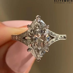 Anillo vintage Art Déco con diamante cultivado en laboratorio, talla marquesa, anillo de compromiso artesanal con grabado milgrain, anillo solitario con brazo dividido para mujer.