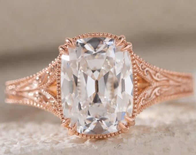 Handcrafted Vintage Engraved Ring Art Deco Filigree, Milgrain Solitaire Diamond Ring Antique Old Mine Cushion Cut Moissanite Engagement Ring