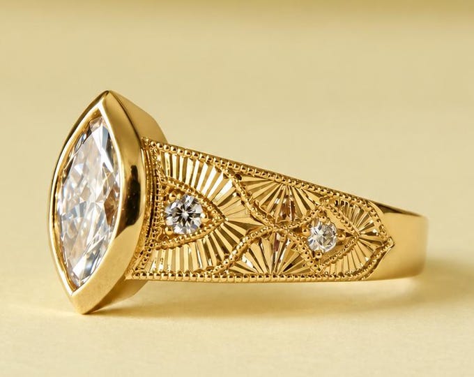 Art Deco Vintage Hand Engraved Wedding Ring Bezel Setting Solitaire Diamond Ring E Color VS1 IGI Certified Diamond Ring Filigree Art Deco