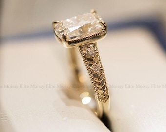 Anillo de compromiso Art Deco de 3,5 quilates con diamantes cultivados en laboratorio y corte cojín, anillo de bisel milgrain de inspiración vintage, anillo de bodas de oro estilo antiguo para ella.