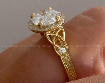 Anillo de compromiso ovalado de moissanita con halo de diamantes, anillo de oro macizo de 14 quilates, anillo de boda floral, anillo grabado hecho a mano para ella.