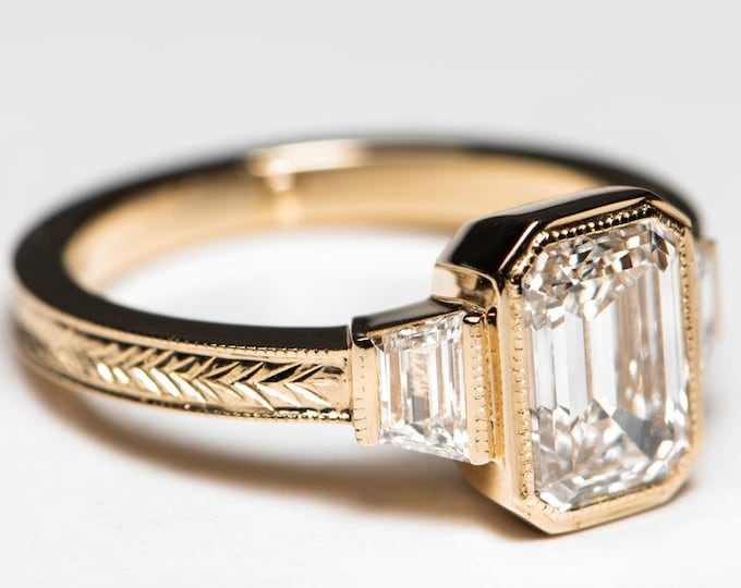 Handcrafted Engraved Art Deco Ring Emerald Cut Moissanite Engagement Ring Trilogy Wedding Ring 14K Solid Gold Ring Art Deco Ring
