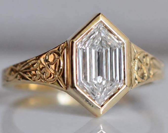 2CT Hexagon Cut Moissanite Engagement Ring 14K Solid Yellow Gold Art Deco Hand Engraved Bezel Setting Ring Handcrafted Wedding Ring