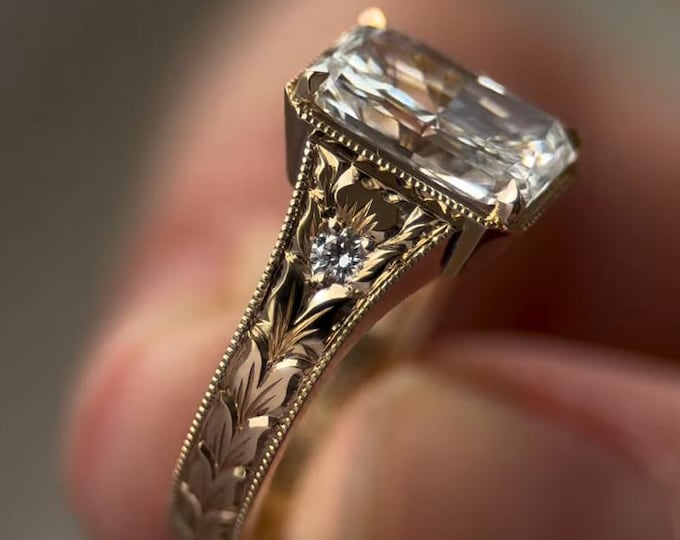 Hand Engraved Floral Milgrain Vintage Art Deco Ring 3.5ct Radiant Cut Moissanite Engagement Ring Antique Inspired Solitaire Ring 14K Gold