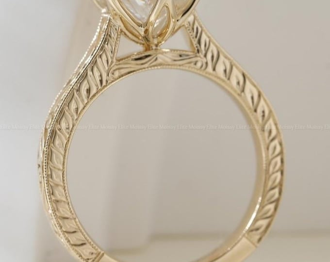 Vintage Handcrafted Engraved Ring, 2.50CT Oval Cut Moissanite Engagement Ring, 14K Solid Yellow Gold, Tulip Setting Cathedral Bridal Ring