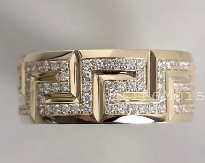 Greek Key Diamond Ring Yellow Gold Statement Band Luxury Geometric Wedding Ring