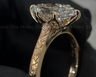 Anillo de compromiso con moissanita de corte marquesa de filigrana de 3 quilates, estilo art déco, solitario grabado, oro de 14 quilates, anillo nupcial de diseño de seis puntas para mujer.