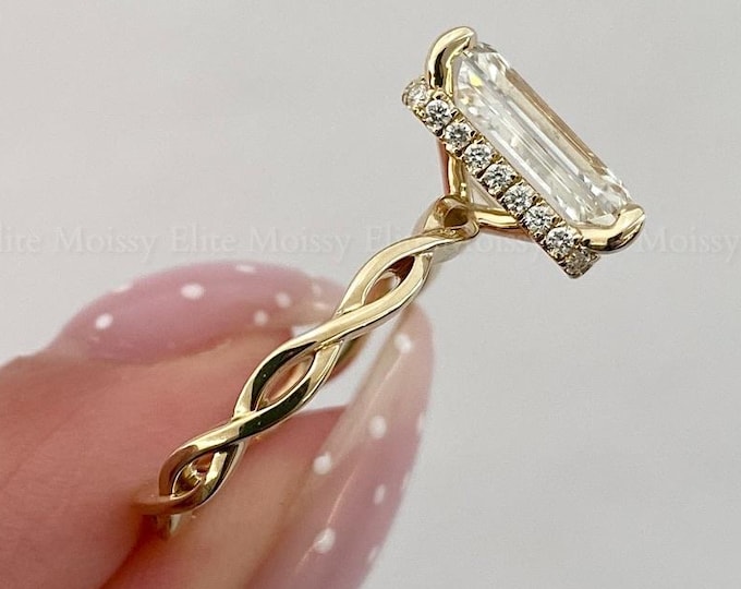 3CT Emerald Cut Lab Grown Diamond Engagement Ring Twisted Wedding Band 14K Yellow Solid Gold Hidden Halo Ring Promise Ring For Her