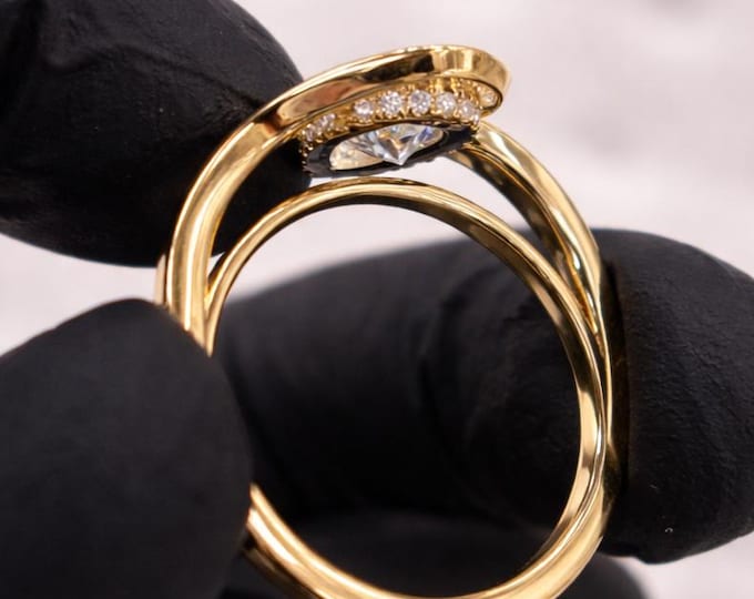 Pear Shaped Engagement Ring Lab Grown Diamond Ring 18K Yellow Gold Bypass Ring Hidden Halo Wedding Ring Modern Twist Luxury Bridal Ring
