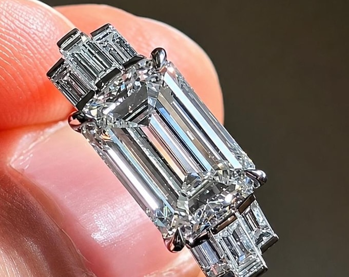 3CT Emerald Cut Lab Grown Diamond Ring, Three Stone Engagement Ring, Baguette Side Stone Ring, Art Deco Wedding Ring for Her, Cluster Ring