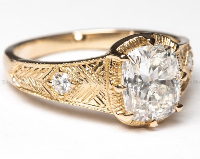 Handcrafted Engraved Vintage Cushion Cut Moissanite Engagement Ring 14K Solid Yellow Gold Art Deco Milgrain Filigree Band Antique Ring