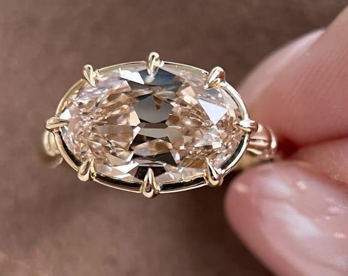 Antique Champagne Diamond Ring 4.02 Carat Old Mine Oval Champagne Moissanite Engagement Ring Vintage Solitaire Ring Anniversary Gift for Her