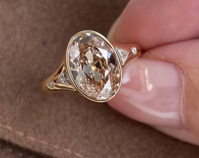 Antique Champagne Diamond Ring Side Accents Champagne Oval Bezel Moissanite Engagement Ring Vintage Five Stone Solid Gold Anniversary Gift