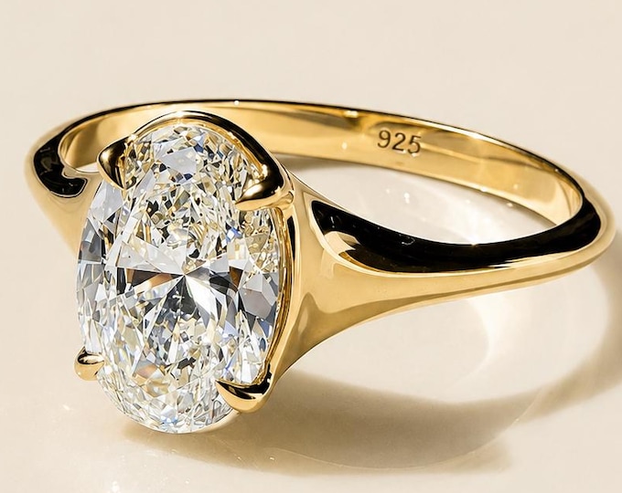 3CT Oval Lab Grown Diamond IGI Certified Ring, Half Bezel Solitaire Engagement Ring, Open Gallery, Low Profile 925 Sterling Silver Ring