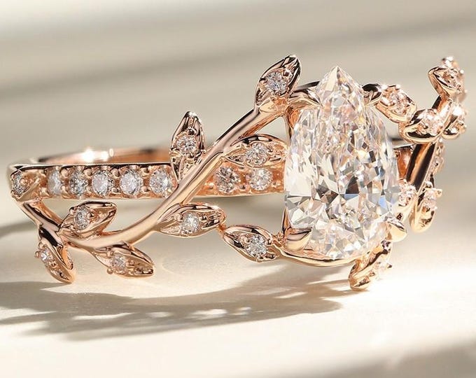 1.20CT Pear Shaped Floral Vine Engagement Ring 14K Rose Gold Botanical Wedding Ring Lab Grown Diamond Ring Vintage Nature Inspired Ring