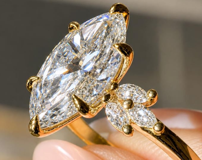 Marquise Engagement Ring, 14K Solid Yellow Gold, Moissanite Solitaire Cluster Ring