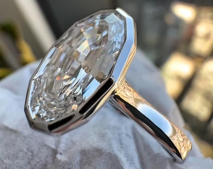3.5CT Oval Polygon Step Cut Lab Grown Diamond Engagement Ring Floating Bezel Solitaire Ring 14K Solid White Gold Custom Ring Gift For Her