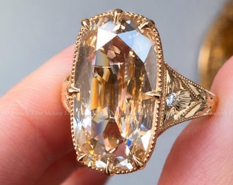 Anillo de moissanita Old Mine de 7 quilates con talla cojín alargada, engaste biselado, anillo de compromiso, anillo de boda de oro de 14 quilates, anillo de diamantes antiguo, anillo de aniversario