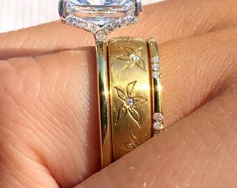 4CT Radiant Cut Lab-Grown Diamond Engagement Ring Set Engraved Gold Floral Wedding Band Diamond Stackable Ring Set Vintage Style Bridal Set