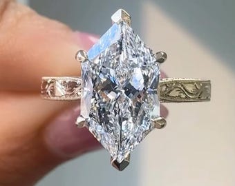 Handgefertigter Vintage-Ring im Art-déco-Stil mit Gravur, 3,5 Karat Diamant im holländischen Marquise-Schliff (im Labor gezüchtet), Verlobungsring, D VV2, IGI-zertifiziert, 14 Karat
