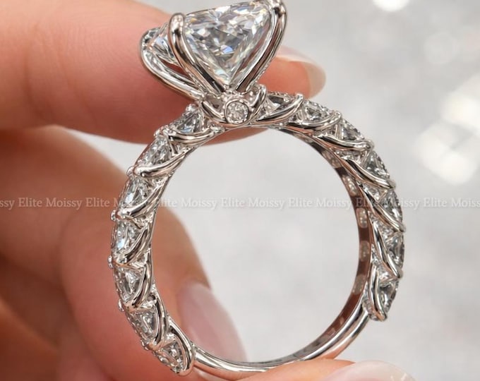 Elongated Radiant Cut Lab Grown Diamond Engagement Ring Peek A Boo Hidden Diamond Nature Leaf Vine Solitaire Cathedral 14K Gold Wedding Ring